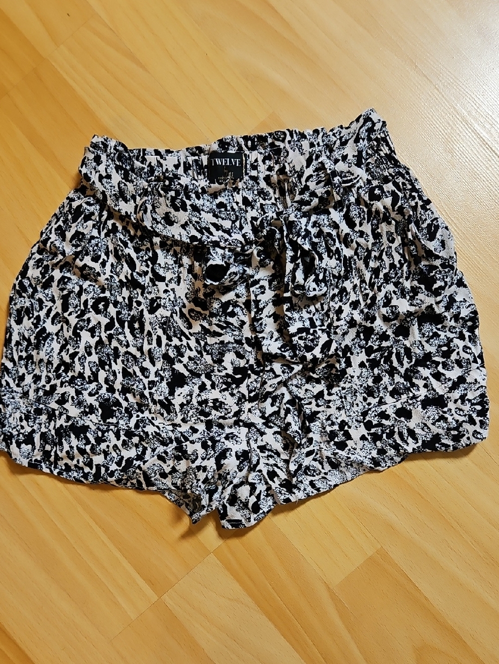 Twelve by Twelve Black & White Printed Paper Bag Self Tie Waist Shorts